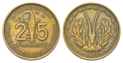 Французская Западная Африка 25 франков 1957 год-тип KM 9 медь алюминий 4671-137