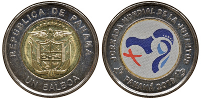 Панама 1 бальбоа 2019 Всемирный день молодежи, цветная KM NEW биметалл UNC M52-11
