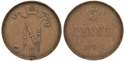 Россия для Финляндии 5 пенни 1908 Николай II (1894-1917) KM 15, Биткин 449 медь 75-752