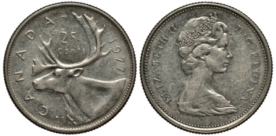 Канада 25 центов 1977 Елизавета II (1952-2022), олень карибу KM 62b никель 4182-525