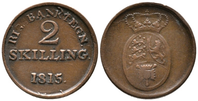 ДАНИЯ 2 СКИЛЛИНГА 1815 БАНКОВСКИЙ ТОКЕН, TOKEN ISSUES KM Tn4 (685) медь 100-749