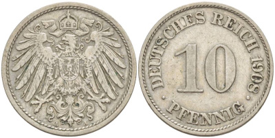 Германия 10 пфеннигов 1908 A KM 12, Jager 13, Weege 8 медно-никель 219-137