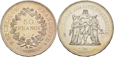 Франция 50 франков 1978 богини Равенства и Братства, Геркулес KM 941.1 серебро UNC 00-1067-8-44