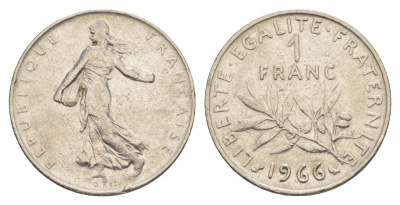 Франция 1 франк 1966 сеятель KM 925.1, Le Franc 226.11 никель 4631-533