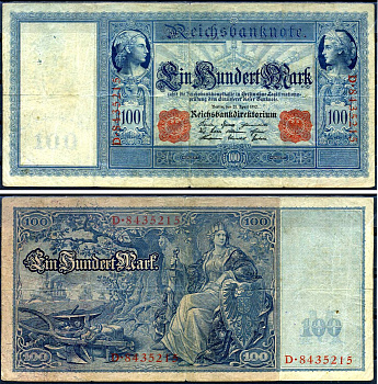 Германия 100 марок 1910 21 апреля 1910, красная печать, Меркурий и Церера, белая бумага Pick 42 (1) бумага 00-00