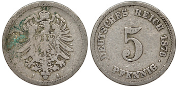 Германия 5 пфеннигов 1876 A, старогербовка KM 3, J. 3 медно-никель 51-3615