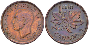 Канада 1 цент 1943 Георг VI (1937-1952), кленовый лист KM 32 бронза 31-1231