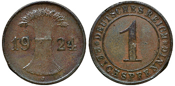 ГЕРМАНИЯ 1 РЕЙХСПФЕННИГ 1924 J KM 37, J.313 бронза 72-1135