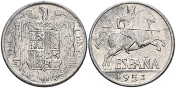 Испания 10 сентимо 1953 Франсиско Франко (1939-1975) KM 766 алюминий 4604-523