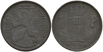 Бельгия 1 франк 1944 Belgie - Belgique, Леопольд III (1934-1947), германская оккупация, Вторая мировая война KM 128 цинк 4161-544