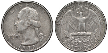 США 25 центов (квотер) 1992 P, Вашингтон KM A164a медь плакированная медно-никелем 4543-1252