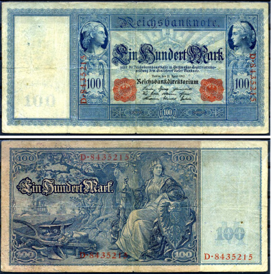 Германия 100 марок 1910 21 апреля 1910, красная печать, Меркурий и Церера, белая бумага Pick 42 (1) бумага 00-00