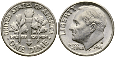 США 10 ЦЕНТОВ = 1 ДАЙМ 1981 D, РУЗВЕЛЬТ KM 195а медь плакированная медно-никелем 46-2561
