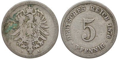 Германия 5 пфеннигов 1876 A, старогербовка KM 3, J. 3 медно-никель 51-3615