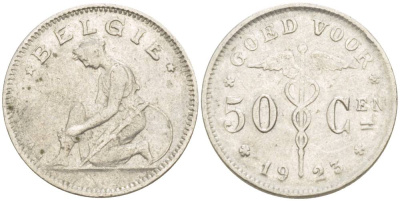 БЕЛЬГИЯ 50 САНТИМОВ 1923 BELGIE KM 88 никель 4546-214