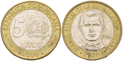 Доминиканская республика 5 песо 2008 Санчес KM 89 биметалл 4541-1131
