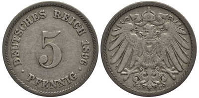 ГЕРМАНИЯ 5 ПФЕННИГОВ 1896 F KM 11, Jager 12, Weege 6 медно-никель 4547-349