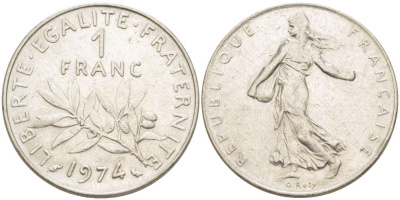 ФРАНЦИЯ 1 ФРАНК 1974 СЕЯТЕЛЬ KM 925.1, LE FRANC 226.19 никель 216-1034