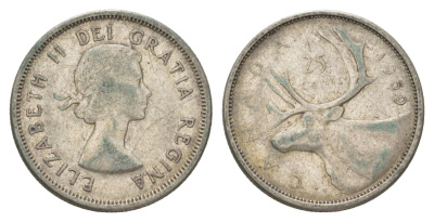 Канада 25 центов 1959 Елизавета II (1952-2022), олень KM 52 серебро 4622-834