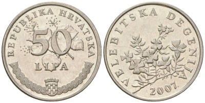 Хорватия 50 лип 2007 нечетный год KM 8 сталь плакированная никелем  UNC  105-757