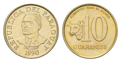Парагвай 10 гуарани 1990 год-тип KM 178 никель латунь UNC 4614-552