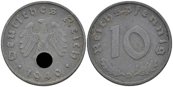 ГЕРМАНИЯ 10 РЕЙХСПФЕННИГОВ 1940 D KM 101, J. 371 цинк 4401-511
