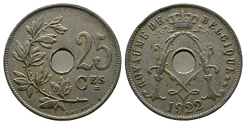 Бельгия 25 сантимов 1922 Belgique KM 68.1 медно-никель 259-822