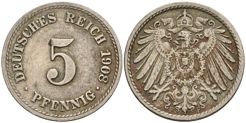 Германия 5 пфеннигов 1908 A KM 11, Jager 12, Weege 6 медно-никель 4151-467