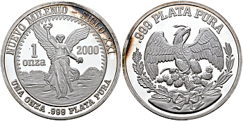 МЕКСИКА 1 УНЦИЯ ND 2000 ГОД, МИЛЛЕНИУМ, НАЧАЛО XXI ВЕКА, БОГИНЯ ПОБЕДЫ НИКА, С ВЕНКОМ, ДИАМЕТР 39 ММ., ВЕС 1 ТРОЙСКАЯ УНЦИЯ серебро PROOF 00-00