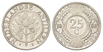Нидерландские Антильские острова (Нидерландские Антилы) 25 центов 1990 KM 35 сталь плакированная никелем UNC 4625-529
