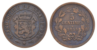 Люксембург 5 сантимов 1854 Barth, Виллем III Нидерландский (1849-1890) KM 22 бронза 4657-1143