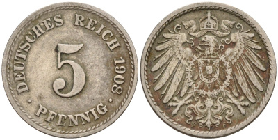 Германия 5 пфеннигов 1908 A KM 11, Jager 12, Weege 6 медно-никель 4151-467