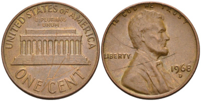 США 1 цент 1968 D, Линкольн, раскол штемпеля KM 201 медь цинк 4115-845