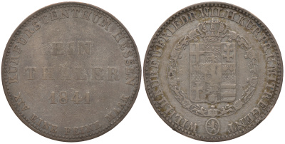 Гессен-Кассель 1 талер 1841 Вильгельм II Гессен-Кассельский (1821-1847) и Фридрих Вильгельм I (1831-1847) КМ 587, AKS 46, J. 32 серебро 00-00