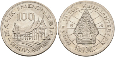 Индонезия 100 рупий 1978 хижина Минангкабау, легендарное Дерево Жизни KM 42 медно-никель UNC 189-843