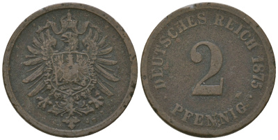 Германия 2 пфеннига 1875 J, старогербовка KM 2, J.2 медь 4651-1148