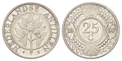 Нидерландские Антильские острова (Нидерландские Антилы) 25 центов 1990 KM 35 сталь плакированная никелем UNC 4625-529