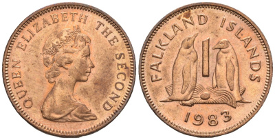 Фолклендские острова 1 пенни 1983 Елизавета II (1952-2022), папуанский пингвин KM 2 бронза 220-911