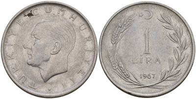 Турция 1 лира 1967 Мустафа Кемаль Ататюрк KM 889a.2 нержавеющая сталь 4149-1242