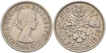Великобритания 6 пенсов 1958 Елизавета II (1952-2022) KM 903, Spink 4149 медно-никель 4154-238