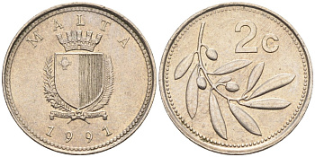 Мальта 2 цента 1991 оливковая ветвь KM 94 медно-никель 4585-1269