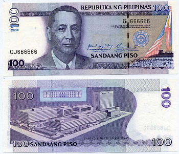 ФИЛИППИНЫ 100 ПИСО 2004 ПОДПИСЬ 17, СЕРИЯ GJ 666666 Pick 194а бумага UNC (ПРЕСС) 6278-24-3-2