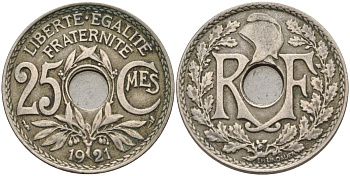 Франция 25 сантимов 1921 KM 867a, Le Franc 171.7 медно-никель 4143-412