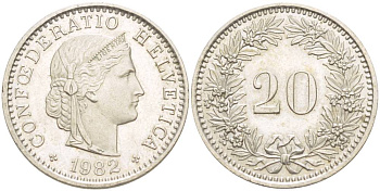 Швейцария 20 раппенов 1982 KM 29а медно-никель 4544-331