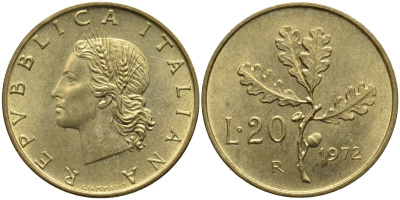Италия 20 лир 1972 R, дубовая ветвь KM 97.2 алюминиевая бронза 4171-915