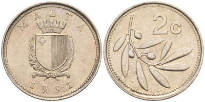 Мальта 2 цента 1991 оливковая ветвь KM 94 медно-никель 4585-1269