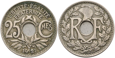 Франция 25 сантимов 1921 KM 867a, Le Franc 171.7 медно-никель 4143-412