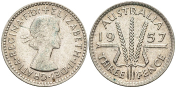 Австралия 3 пенса 1957 KG, Елизавета II (1952-2022) KM 57 серебро 4585-518