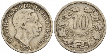 ЛЮКСЕМБУРГ 10 САНТИМОВ 1901 АДОЛЬФ (1890-1905) KM 25 медно-никель 4548-811