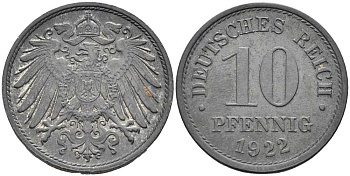 ГЕРМАНИЯ 10 ПФЕННИГОВ 1922 KM 26, J. 299 цинк 4401-217